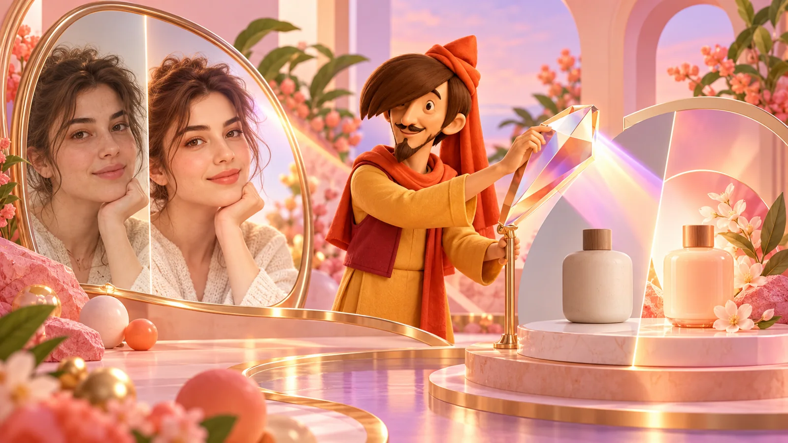 کاراکتر مفردشاپ در آتلیه Meitu میان آینه روتوش طبیعی و نورپردازی محصول