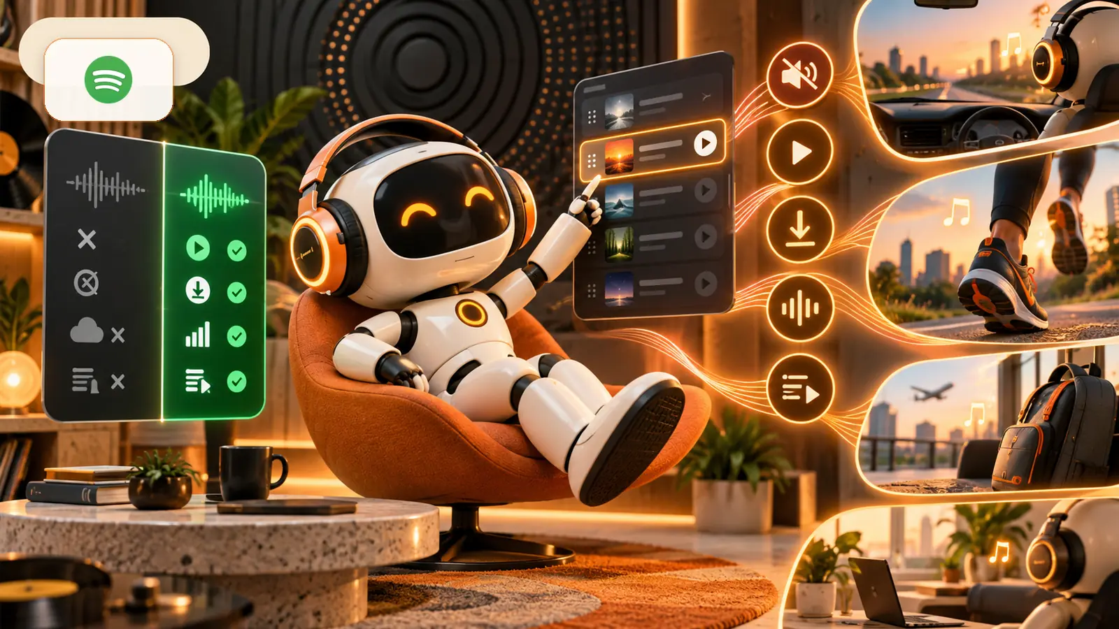 ربات شنونده موسیقی با هدفون و نشان Spotify برای نمایش مزایای Spotify Premium