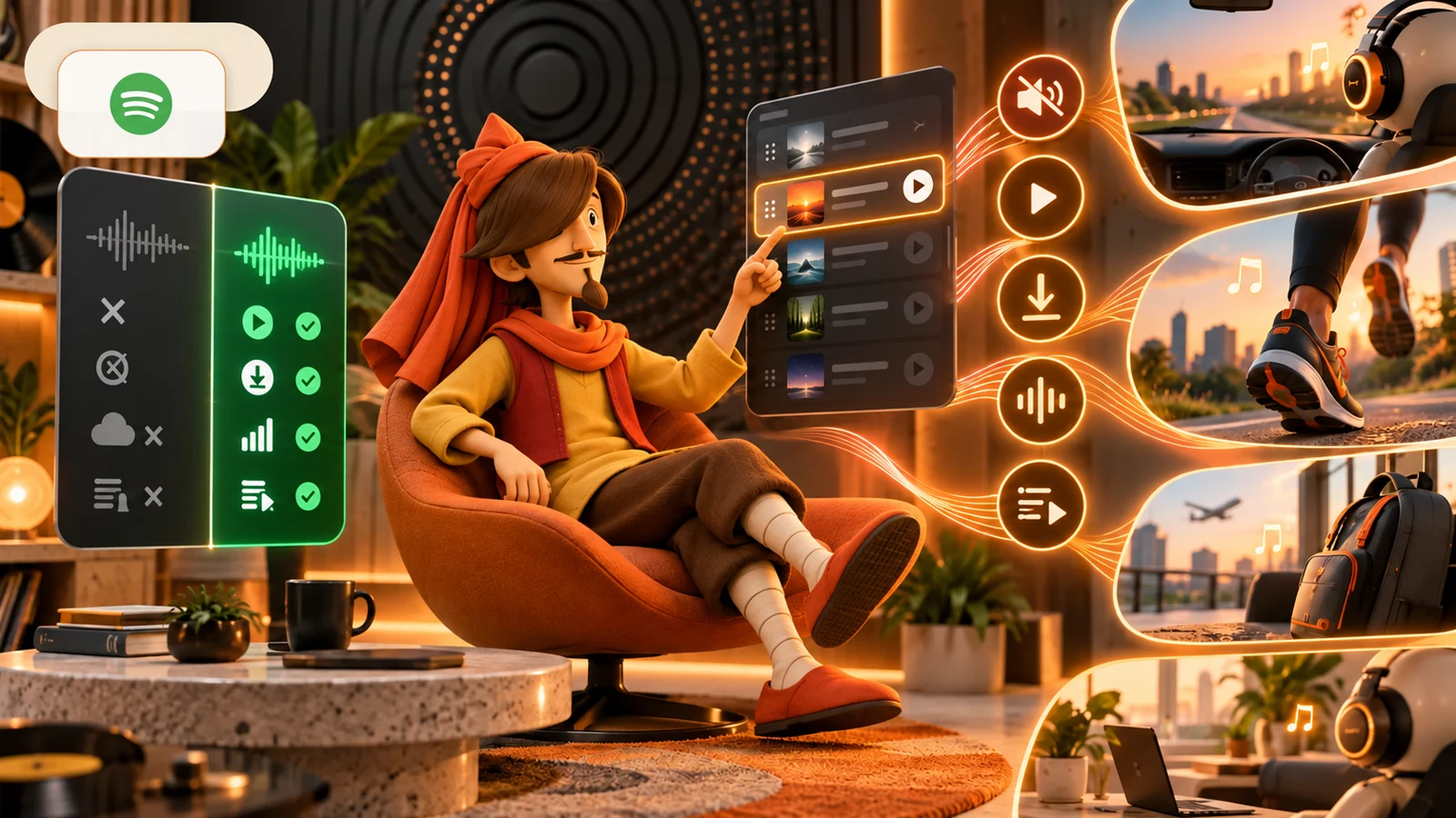 ربات شنونده موسیقی با هدفون و نشان Spotify برای نمایش مزایای Spotify Premium