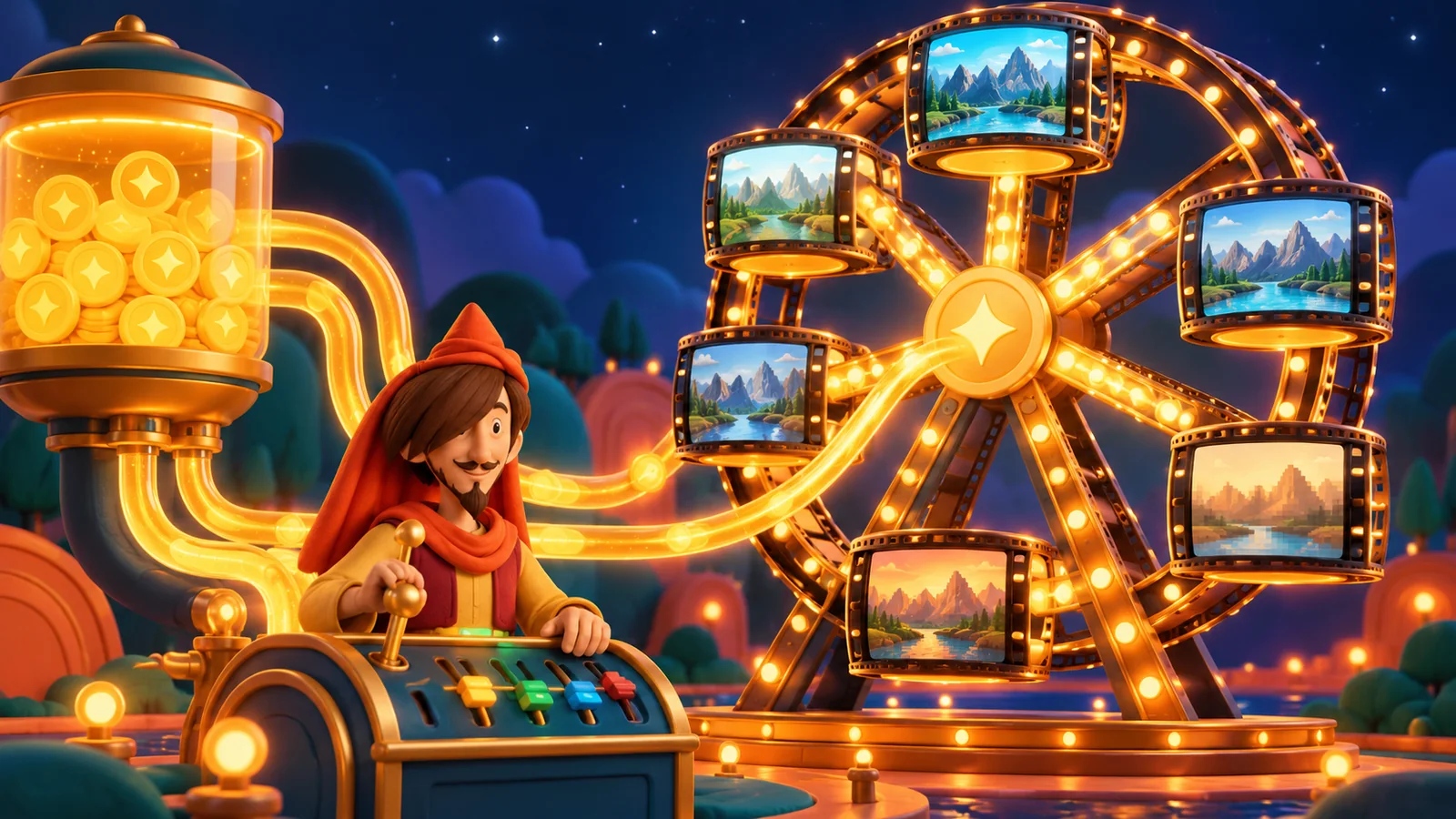 کاراکتر مفردشاپ کنار چرخوفلک حلقههای فیلم و مخزن کردیت Veo 3